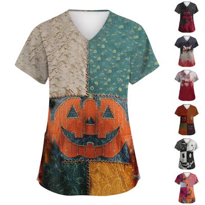 Women's Fashion Short Sleeve Halloween Print V-Neck Pocket Workwear Tops
