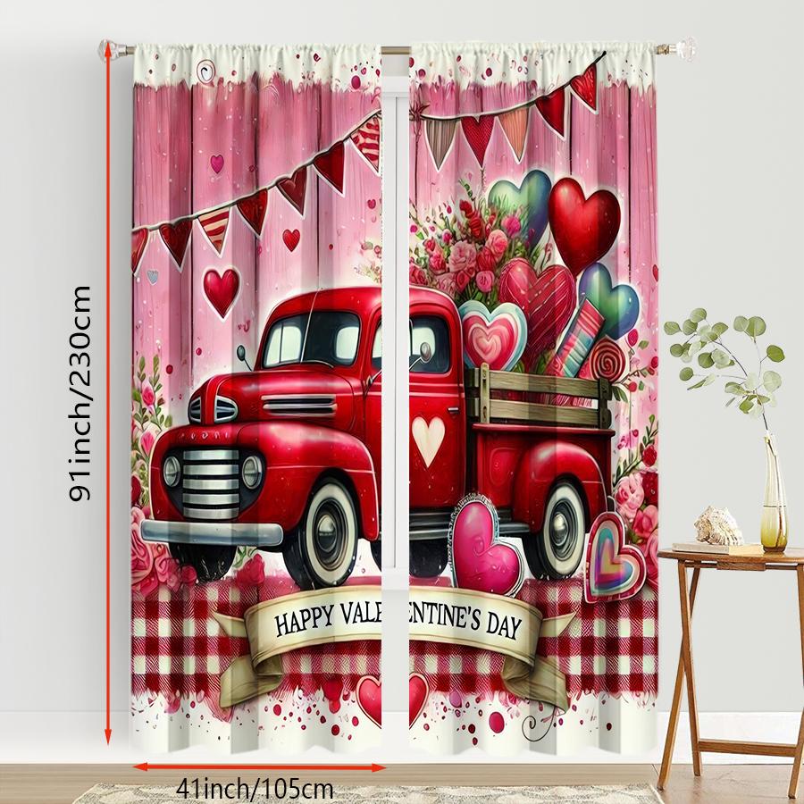 2pcs Valentine's Day Red Truck Curtains   Romantic Pink Heart Pattern   Living Room Bedroom Decor   with Rod Pocket