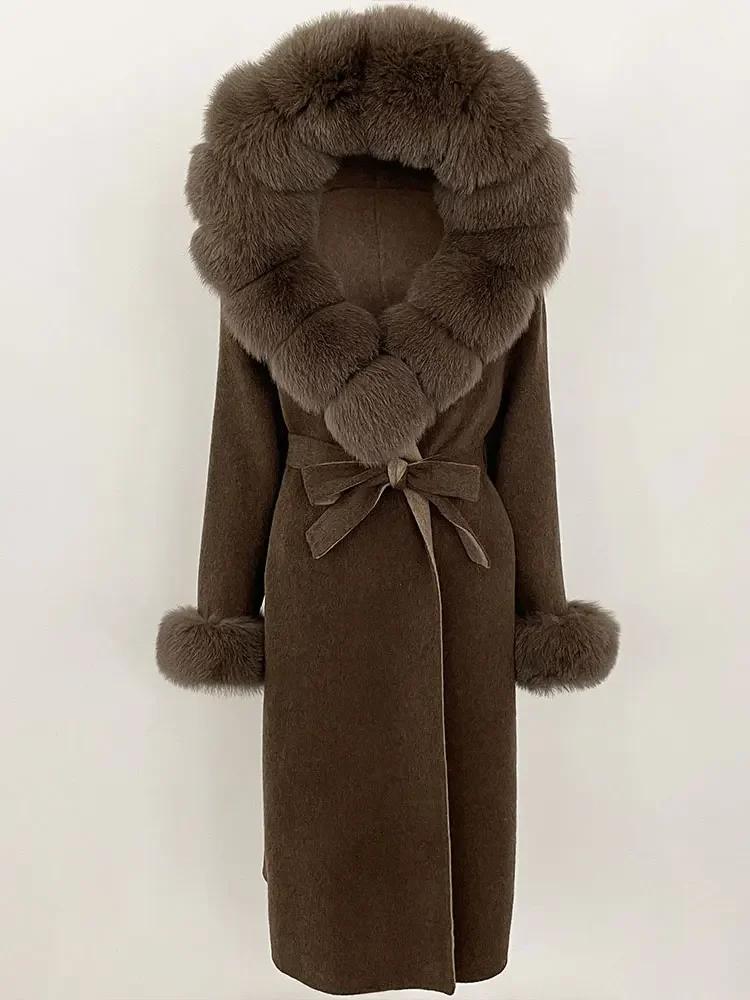OFTBUY Autumn Winter Women Coat Real Natural Fox Fur Collar Hooded Double-faced Woolen Blends Jacket Thick Warm Casual Overwears