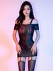 Vestito Mini Sexy da Donna con Fasce Carino Stretto Lucido Oleoso Trasparente Bodycon Vita Stretta Dolce Vestito da Cameriera Cosplay