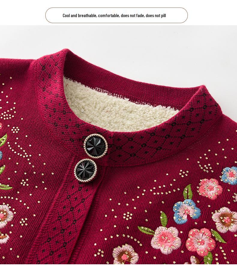 Embroidered Velvet Cardigan for Middle-aged & Elderly Women - Cozy Winter Sweater