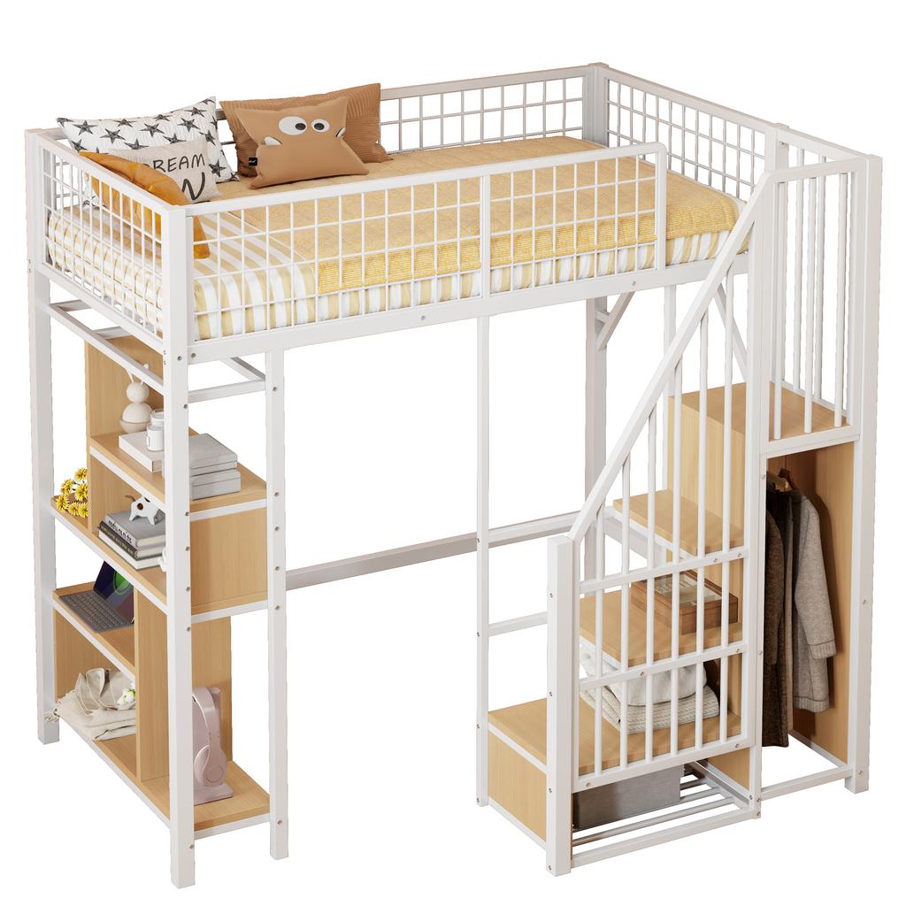 Letto a Soppalco Multifunzionale 90 x 200 cm, Letto in Metallo con Contenitore, Spazio a Ripiani e Scala, Letto per Adulti e Bambini, Bianco
