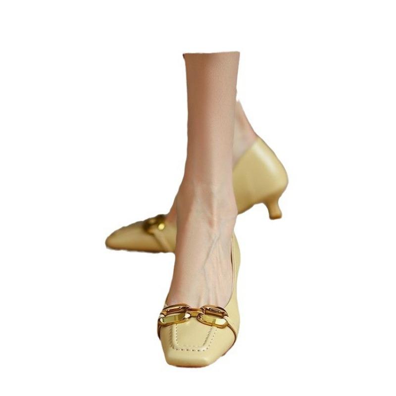 Fashion Women's Heels Shoes Low Heels Pumps Square Toe Chain Boat Shoes New Fashion Office Dress Shoes for Female Spring Autumn 2024