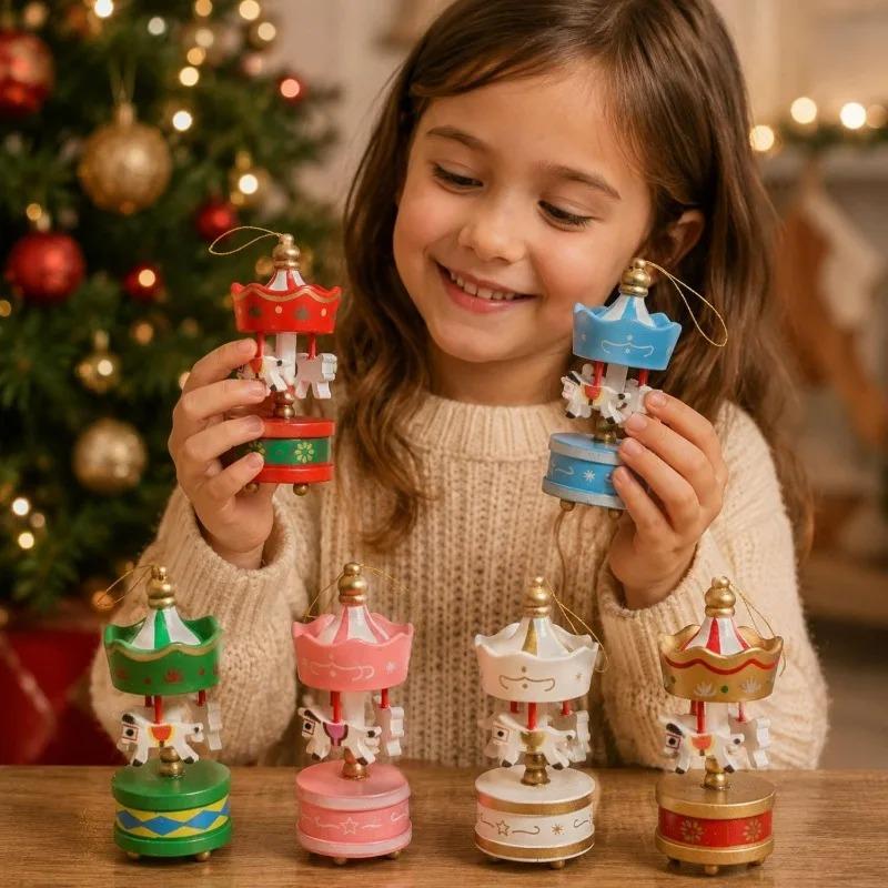 Wooden Carousel Horse Christmas Ornaments Mini Xmas Tree Hanging Pendants Holiday Home Decor Kids Festival Present Supplies