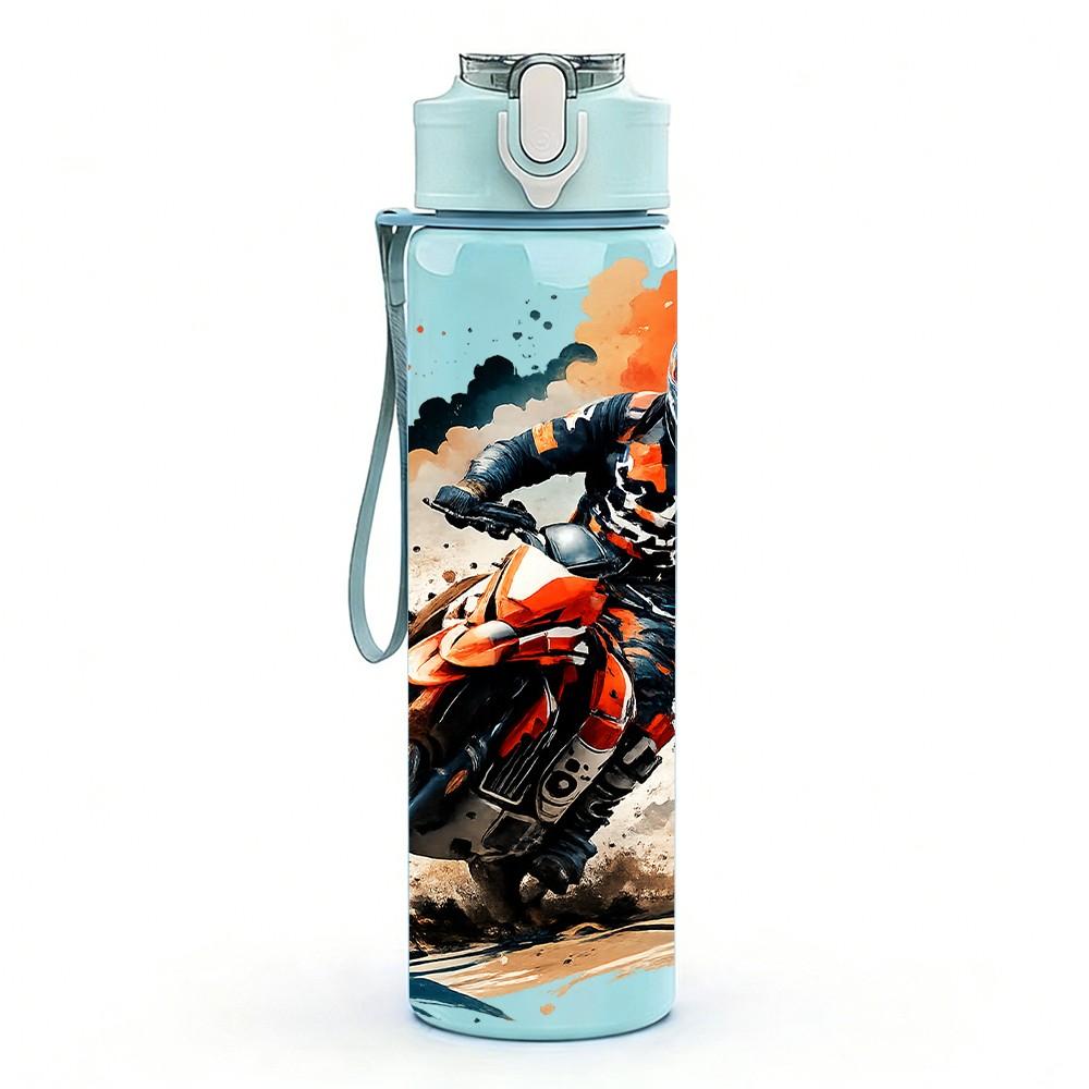 1PC Racing Motorcycle Rider Pattern 750ml Color Plastic Sports Water Bottle Leakproof Flip Straw Lid Suitable for Sports Office Home Use