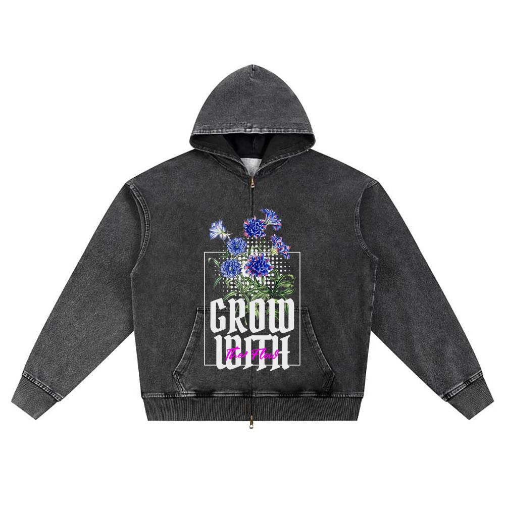 DTG print Knitted Denim Zip-Up Hoodie Grow With The Flow Brother Print Zipper Hoodies  