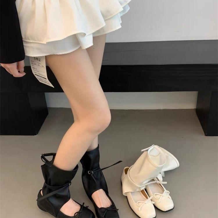 Bow ballet shoes women's 2025 summer new models Jue Jue Zi cool boots design sense hollow short boots stacking boots