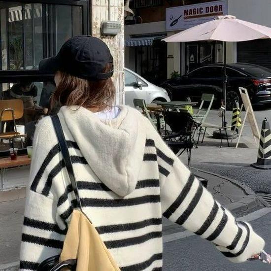 Korean Style Striped Hooded Cardigan - Autumn/Winter 2025 Mid-Length Loose Fit Sweater
