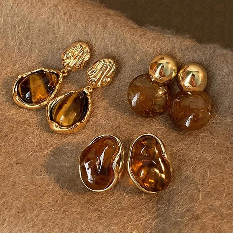 New Brown Resin Tiger Eye Stone Dangle Earrings For Women Fashion  Needle Earring Personality Melard Color Jewelry Gifts