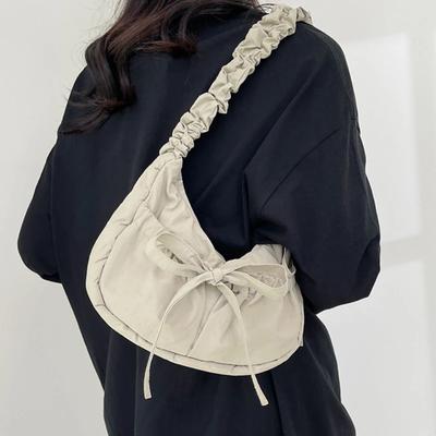 Pleated Strap Women's Sweet Bow Shoulder Bag Solid Color Female Underarm Bags Soft Nyl Ladies Portable Tote Purse Handbags