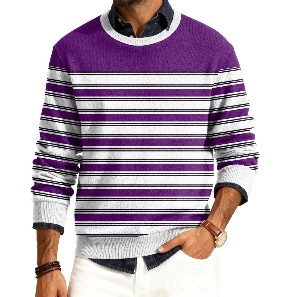 Męski sweter z okrągłym dekoltem, długim rękawem i prążkowanej dzianiny