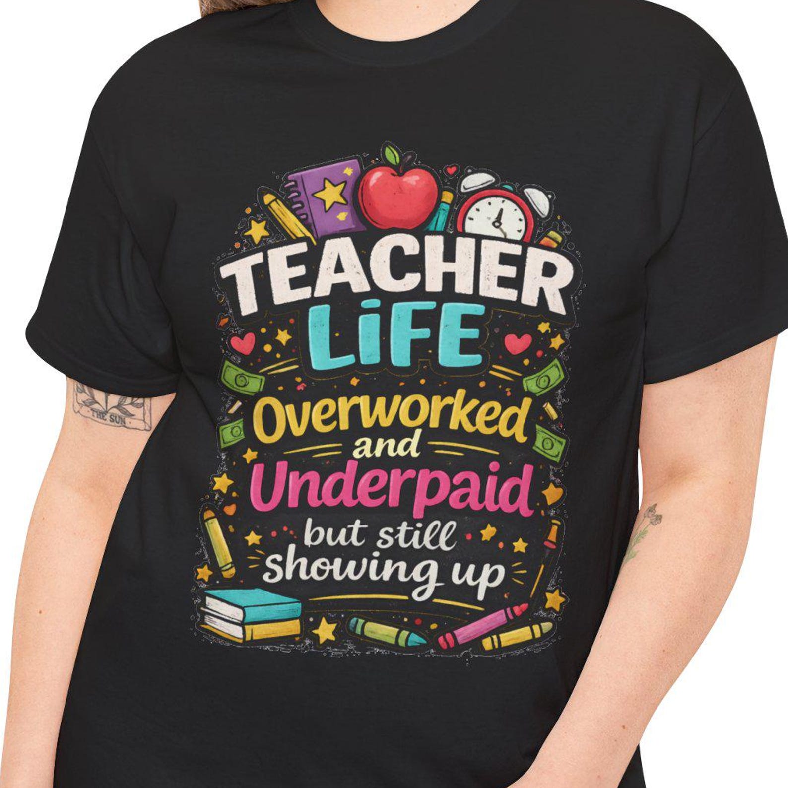 Teacher Life Overworked and Underpaid Tee | Funny Teacher Shirt, School Apple Design S