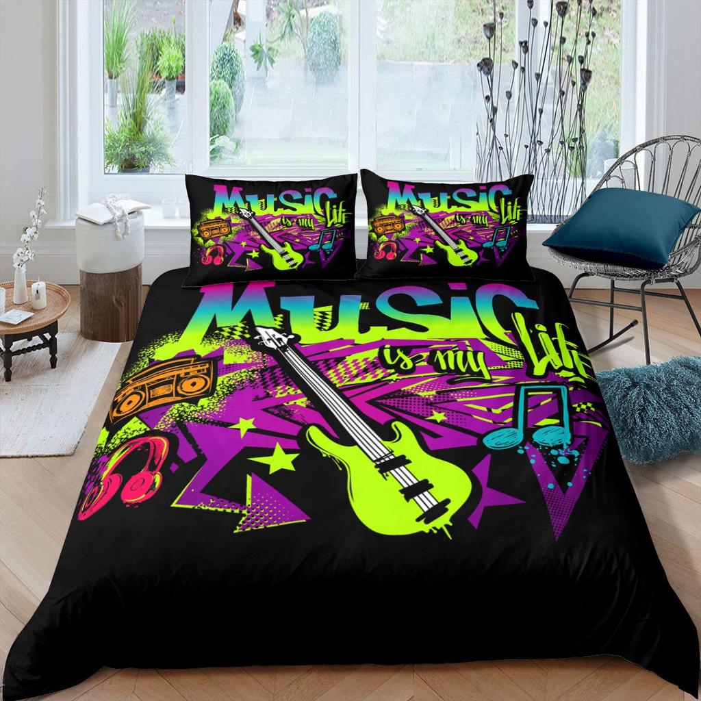 Music Soft Duvet Cover Set Quen Sized Dimensions,White Musical Note Beding Set 3pcs for Kid Bedrom Decor,Black White Piano Key Warm Comforter Cover