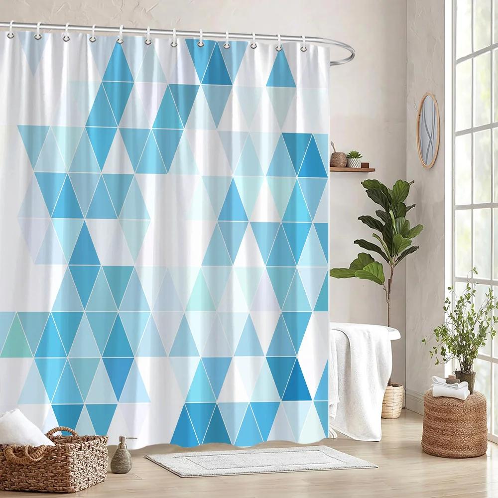 1pc Geometric Triangle Shower Curtain - Blue & White Interconnected Triangles, Gradient Effect, Minimalist Abstract Design