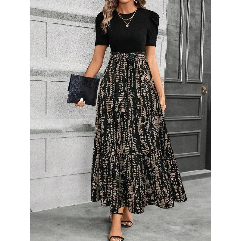 Women's Puff Short Sleeve Leaf Print Round Neck Midi Dress High Waist A Line Vacation Sundress