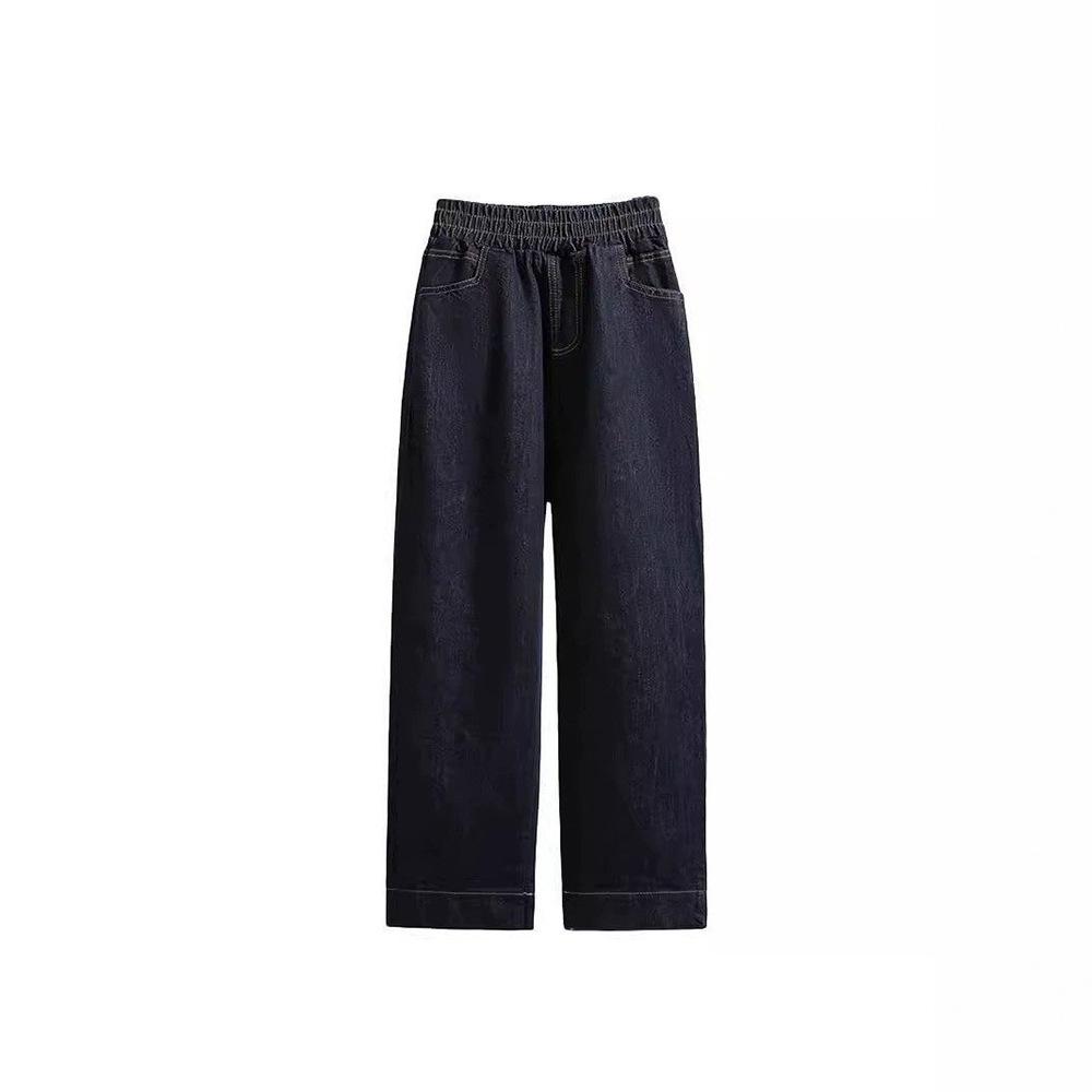Retro Dark Blue Straight Leg Cropped Pants Jeans for Women Spring Elastic Waisted Wide Leg Pants