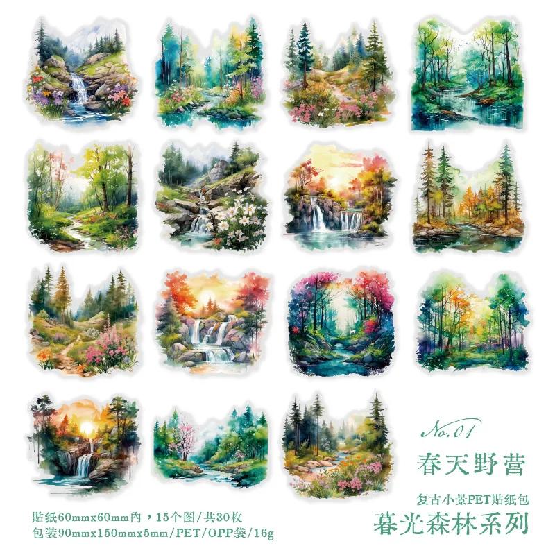 30Pcsbag Transparent Stickers Bag Twilight Forest Series Art Landscape Scrapbook Junk Journal Diary Decorative Collages