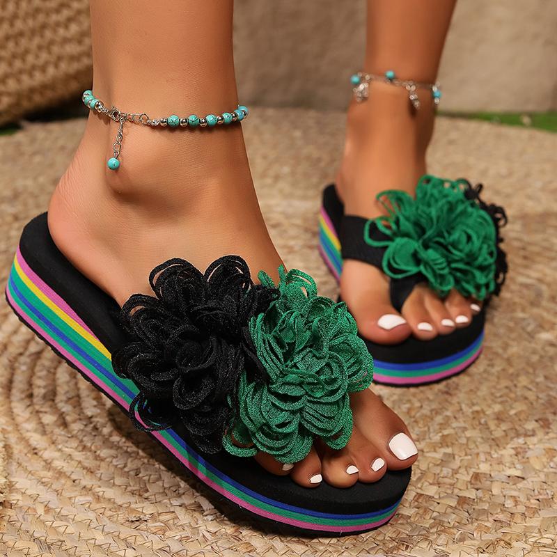 Fashion Contrast Color Flower Wedge Sandals for Women Summer Thick Rainbow Bottom Beach Slippers Woman Lightweight Platform Flip Flops