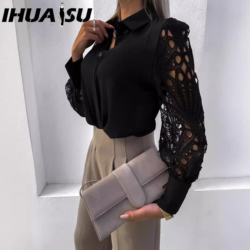 IHUASU Dámské módní ležérní jednobarevné s potiskem dlouhý rukáv POLO límec Blůzy & Košile