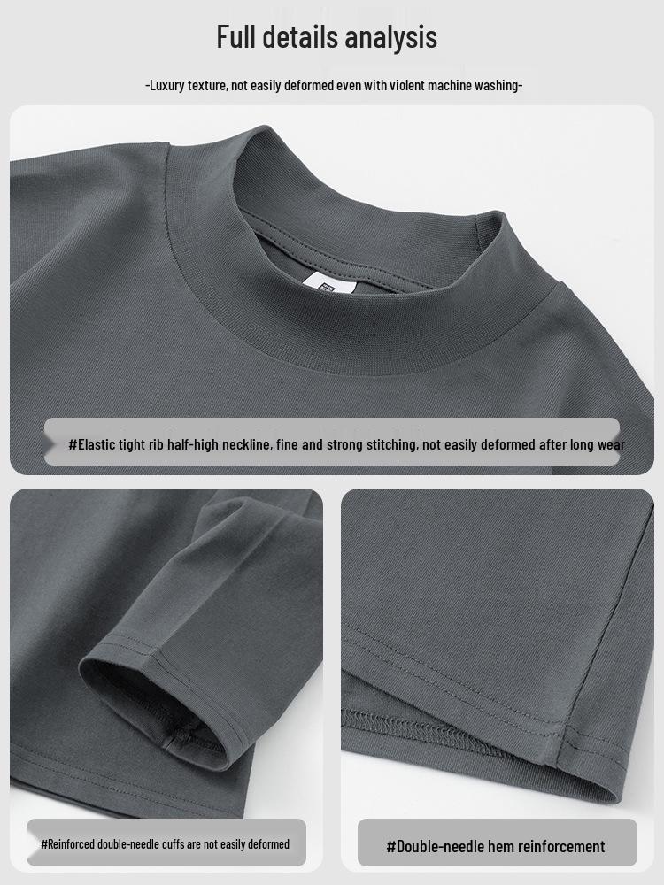 Men's Long Sleeve Cotton T-Shirt, Semi-High Neck, Solid Color Base Layer for Autumn/Winter