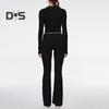 2 Pcs/Set Women Top Pants Suit Skinny High Waist O Neck Long Sleeves Pure Color Stretchy Soft Breathable Yoga Bell Bottoms T-shirt Set Spring Summer