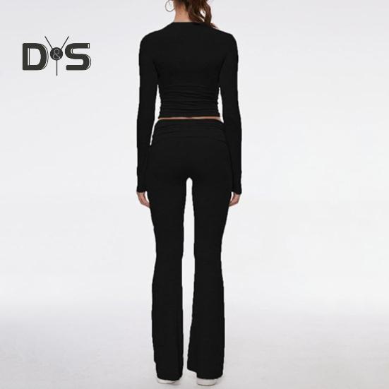 2 Pcs/Set Women Top Pants Suit Skinny High Waist O Neck Long Sleeves Pure Color Stretchy Soft Breathable Yoga Bell Bottoms T-shirt Set Spring Summer