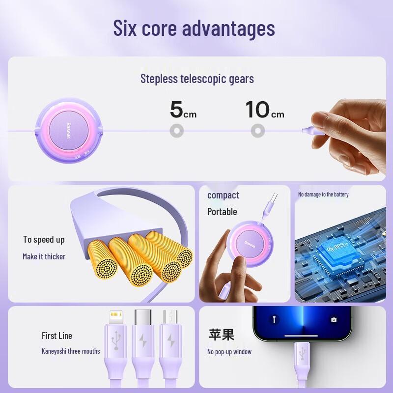 Baseus 3-in-1 Retractable 66W Fast Charging Cable