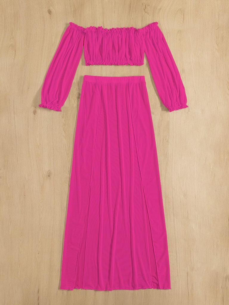 Women's European & American Off-Shoulder Swimsuit Cover-Up: Long Sleeve, High Slit Skirt, Two-Piece Set