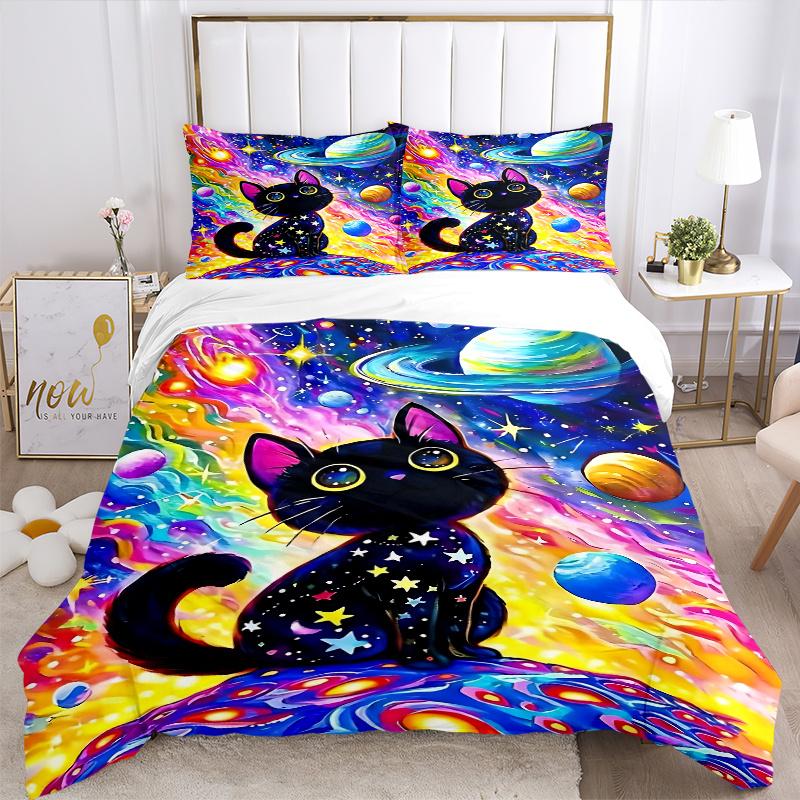 3pcs Cosmic Cats Art Printed Quilt Set - Soft and Comfortable Quilt Cover for Bedroom, Guest Room and Dormitory Decorative Bedding Set N022