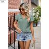 DX~~Summer New Solid Color Double Sleeve V-Neck Loose Short Sleeve T-shirt Top