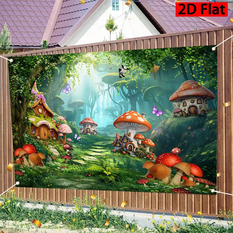 2D Plane 1 Piece of Fantasy Mushroom Village Magic Forest-themed Background Banner