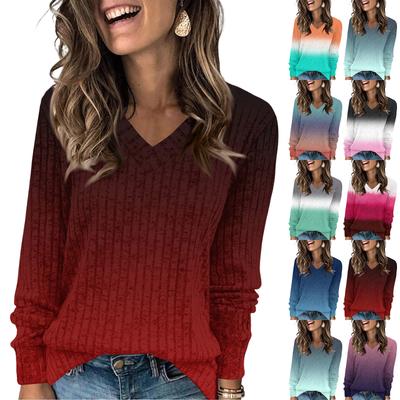 Women's Fashionable Oversized V-Neck T-Shirt With Gradient Print Long-Sleeved Pullover Top