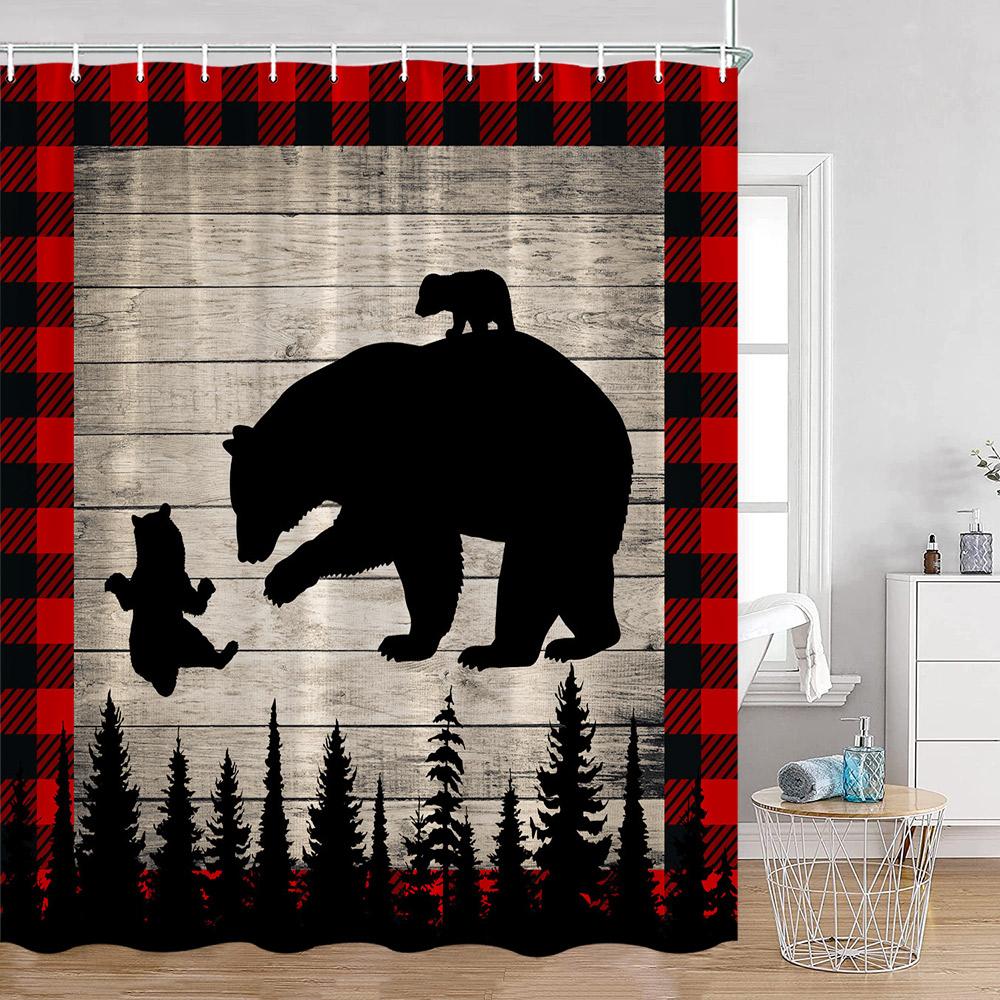 Funny Bear Shower Curtains Bathing Bear Wooden Plank Pattern Fabric Bathroom Decor Bear Silouette Rustic Bath Curtain With Hooks