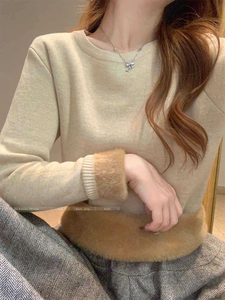 One-piece Fleece Thickened Warm Knitted Sweater Soft Waxy Sweater Women's Autumn and Winter Bottoming Shirt Front Shoulder Inner Top Long Sleeve