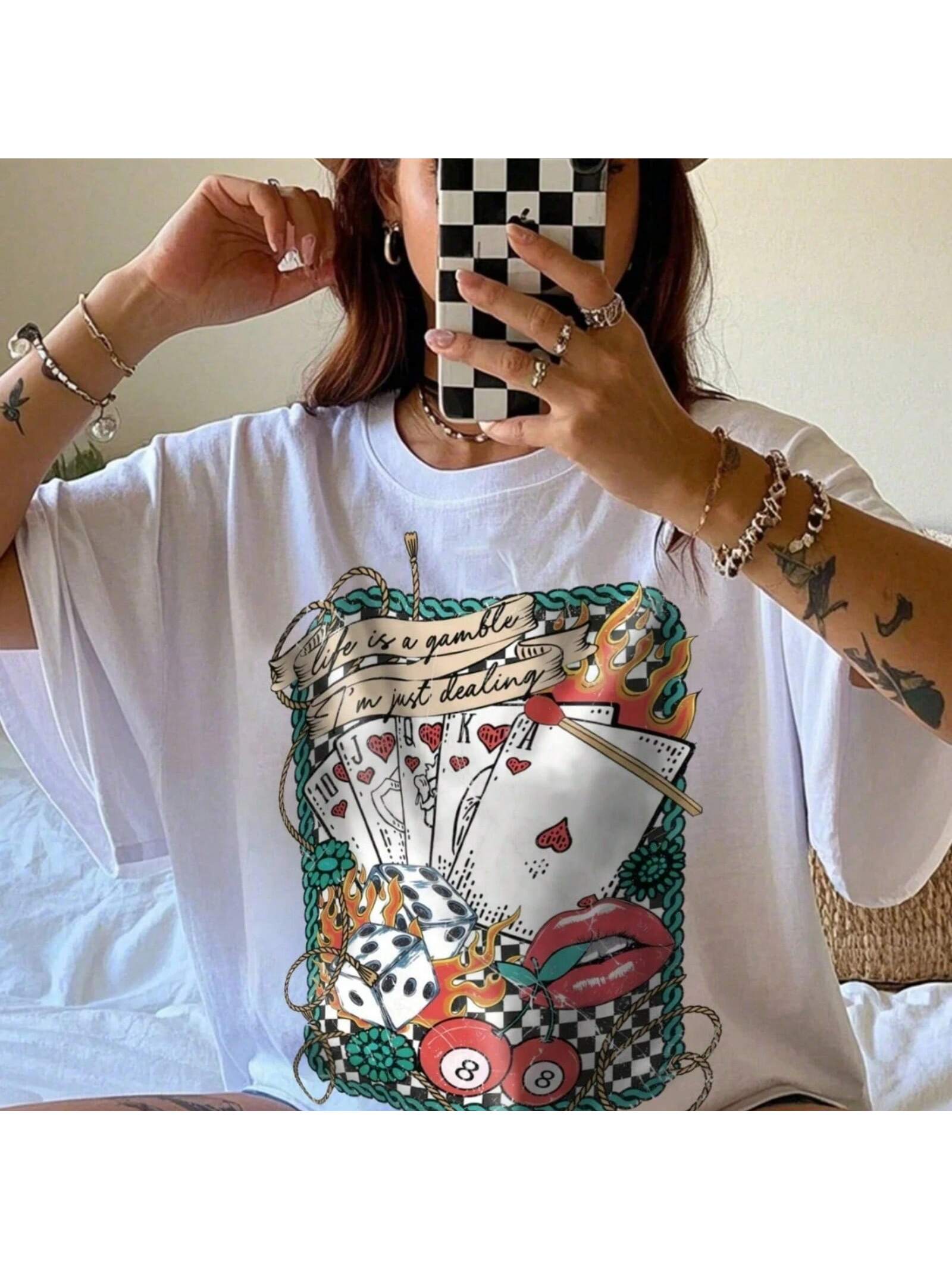 Wounisex Life Is A Game I m Just Playing Vintage Casual T-Shirt With Poker Cherry Graphic S разноцветный