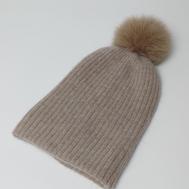 MAIA Fox Fur Pom Pom Beanie Hat - Brown