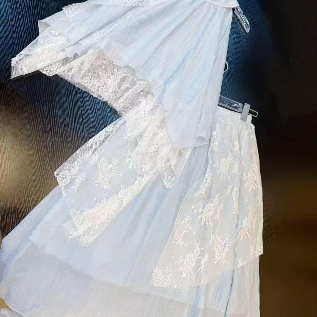 Mint Sleeveless Lace Spliced Halter Top & Skirt Summer Two-Piece Set