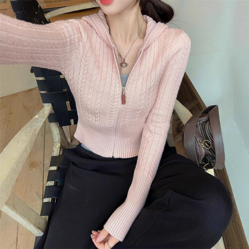 Autumn and Winter Twist Zipper Hooded Knitted Cardigan Sweater Women's Gentle Wind Sweet Sister Thin Knitted Cardigan Top