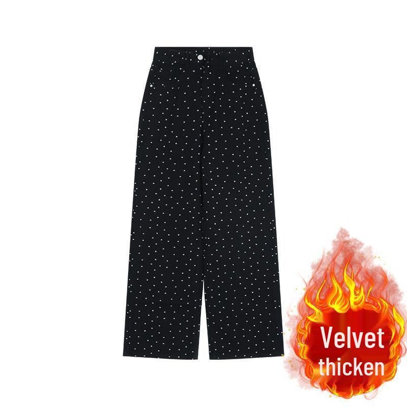Women s High Waist Black Polka Dot Wide Leg Jeans - Plus Size, Velvet Lined, Slimming, Autumn/Winter. Small (S)