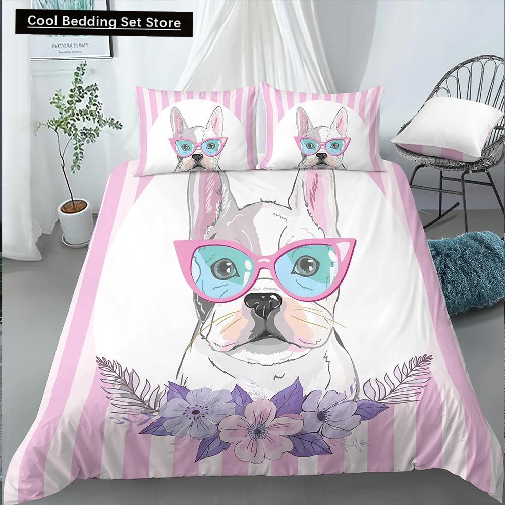 Comforter Cartoon Pug King Queen Double Full Lovely Puppy Bedding Set Pet Animal Yellow Polyester Comforter