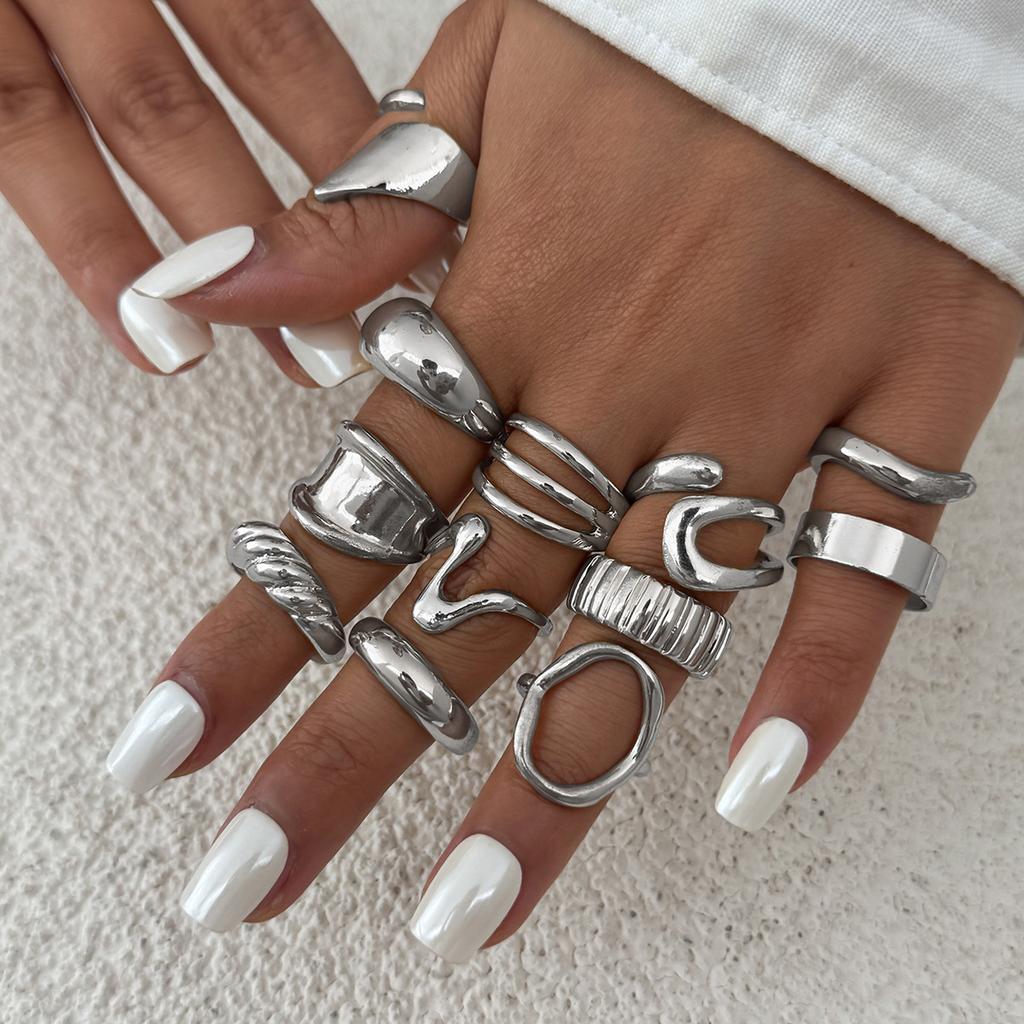 Irregular Exaggerated Punk Retro Ring Set Boho Hollow Out Jewelry Gifts Accessories for Woman Girl Geometric Metal Opening Rings Gold Silver Color