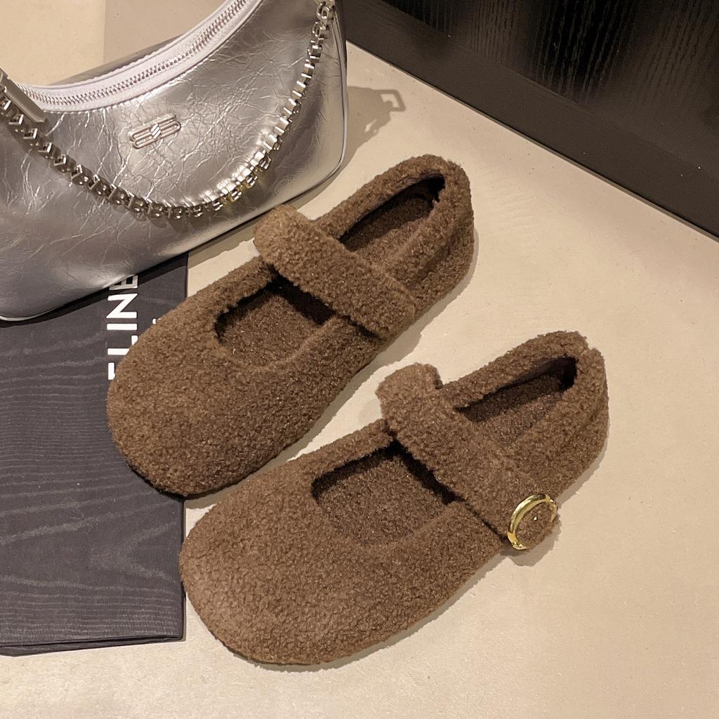 Damsko Ballerinas Mode 2026 Rund Tå Varma Plysch Loafers Dam Fluffiga Mary Jane Skor Bekväma Halkfria Vardagsskor