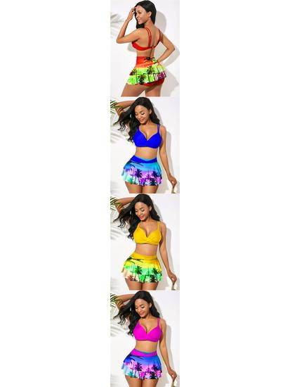 European & American High-Waisted Ruffle Print Bikini in Blue/Red