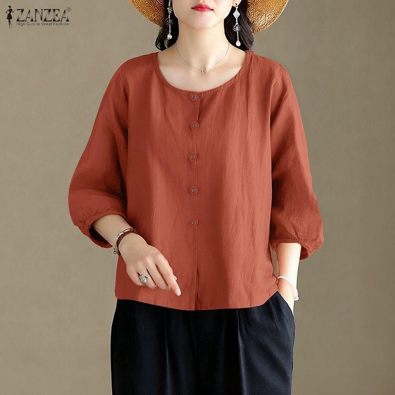 ZANZEA Women Casual Round Neck Solid Color Loose 3/4 Sleeve Blouse