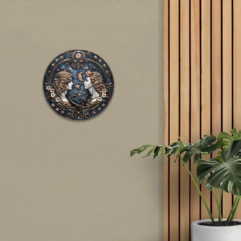 Gemini Zodiac Sign Round Wooden Sign - Wooden Wall Art with HD Printing, Weather Resistant, Pre-drilled for Easy Hanging