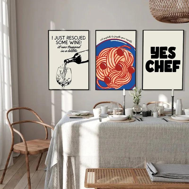 Color Food Line Drawing Canvas Painting Living Fashion Vintage Spaghetti Red Wine Print Posters Room Kitchen Wall Art Home Decor