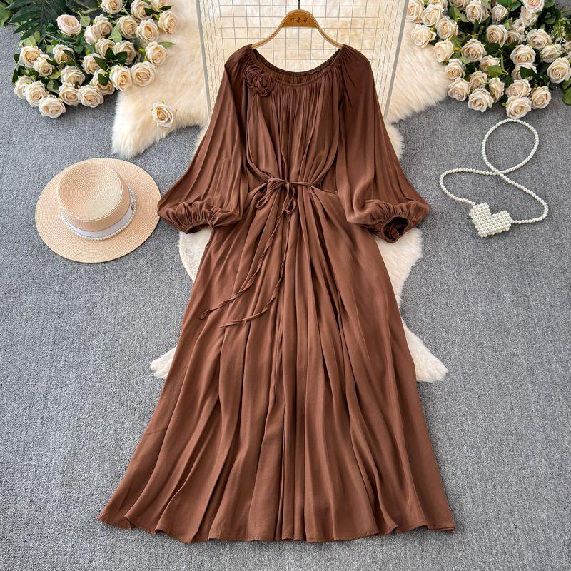 

Fashion Fancy Socialite Elegant Lantern Long Sleeve round Neck Waist Trimming Slimming Lace-up A- Shaped Glossy Dress Coffee 2XL