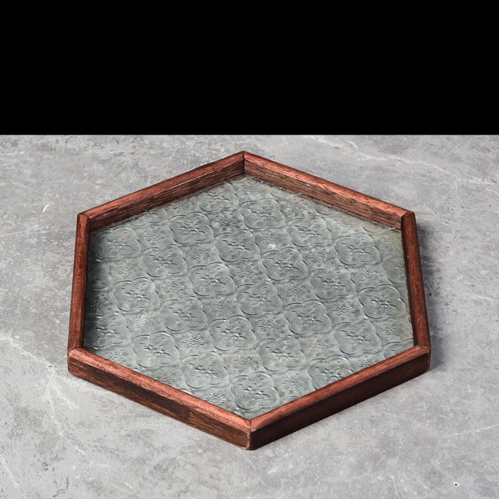 Simple Begonia Embossed Glass Tray Wooden Storage Display Plates Multi-Function Tea Tray  Desk
