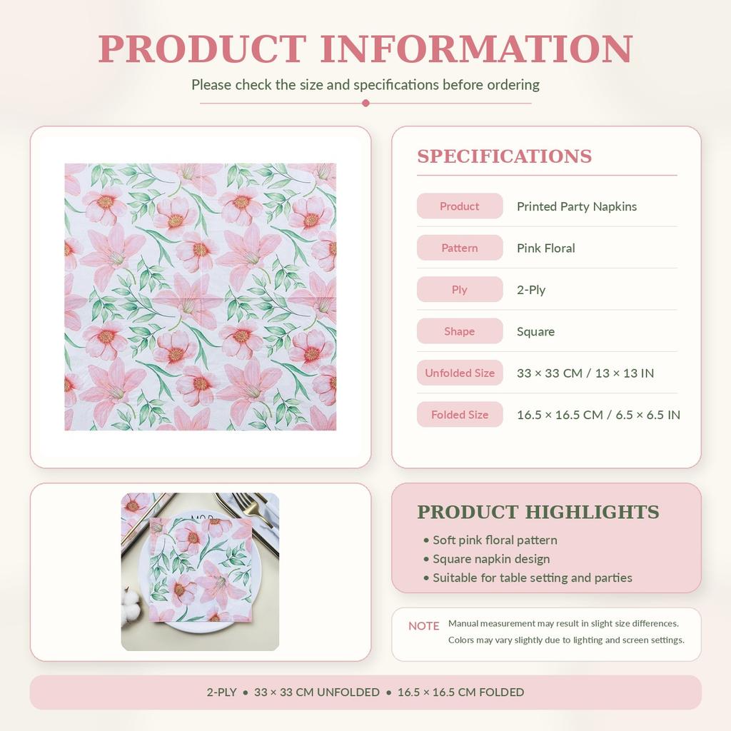 Pink Floral 2-Ply Paper Napkins for Party Table Decoration 20PCS