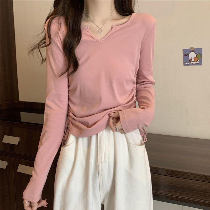 Women's Design Drawstring V-neck T-shirt Early Spring Autumn Short Style Covering the Belly Slimming Long Sleeves Trendy